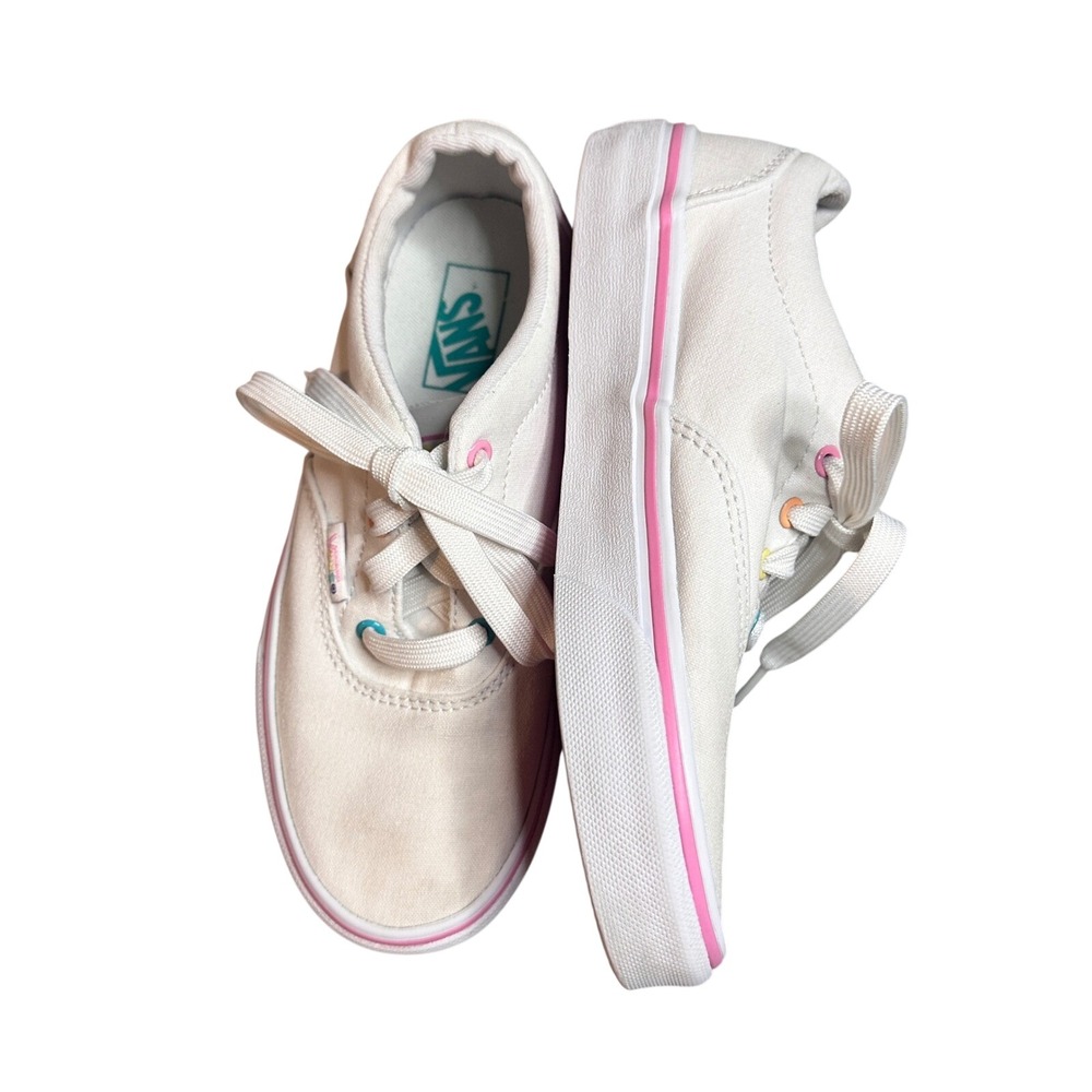 Vans Authentic White Canvas Sneakers Rainbow Eyelets Pink Sole‎ Girls Youth 2